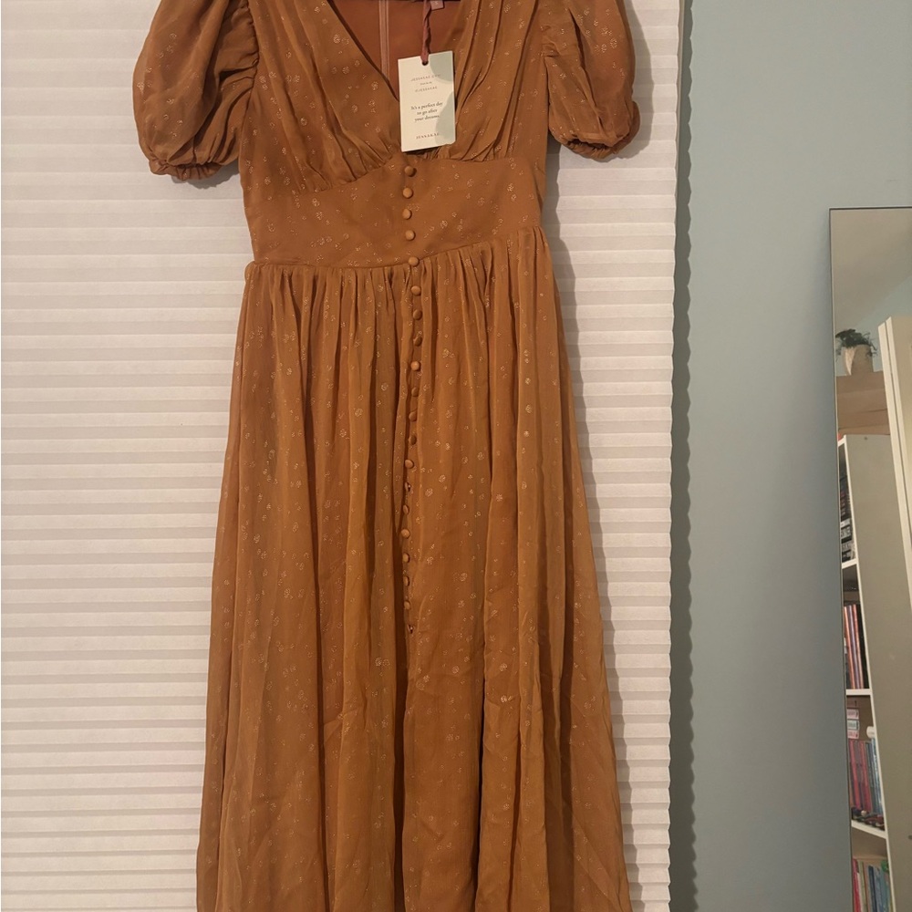 JessaKae Long Sleeve Midi Dress in Mustard Brown